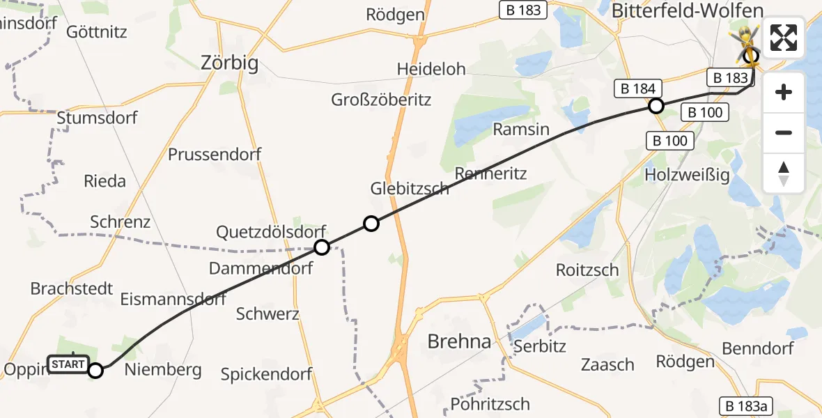 Flugroute Rettungshubschrauber Halle-Oppin Flugplatz - Bitterfield-Wolfen Health Center Hubschrauberlandeplatz, 22 September 2026, 21:27