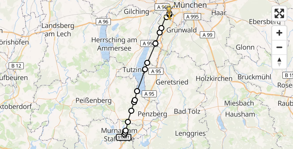 Flugroute Rettungshubschrauber Murnau a.Staffelsee - DRF Air Rescue München Hubschrauberlandeplatz, 22 September 2026, 21:40