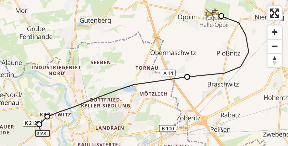 Flugroute Rettungshubschrauber Halle (Saale) University Hospital - Halle-Oppin Flugplatz, 22 September 2026, 23:22