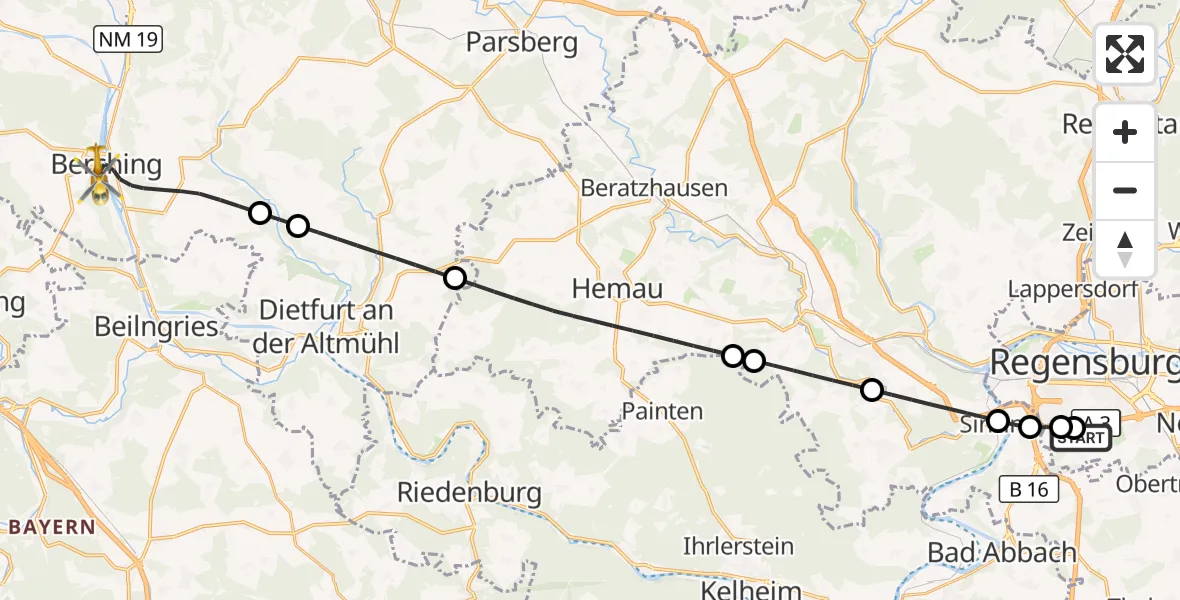 Flugroute Rettungshubschrauber DRF Air Rescue Station Regensburg / Regensburg University Hospital - Berching, 23 September 2026, 00:19
