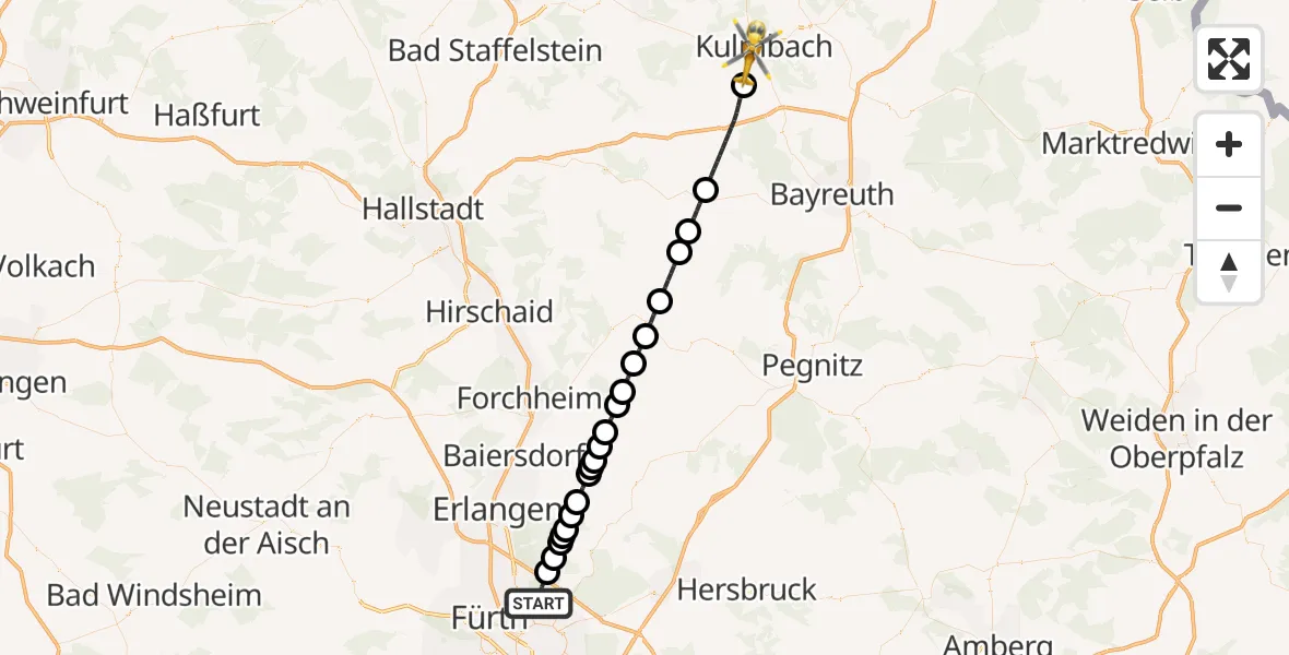 Flugroute Rettungshubschrauber Flughafen Nuremberg - Kulmbach, 23 September 2026, 00:41
