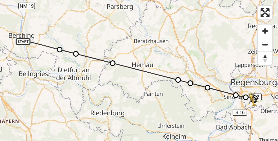 Flugroute Rettungshubschrauber Berching - DRF Air Rescue Station Regensburg / Regensburg University Hospital, 23 September 2026, 00:55