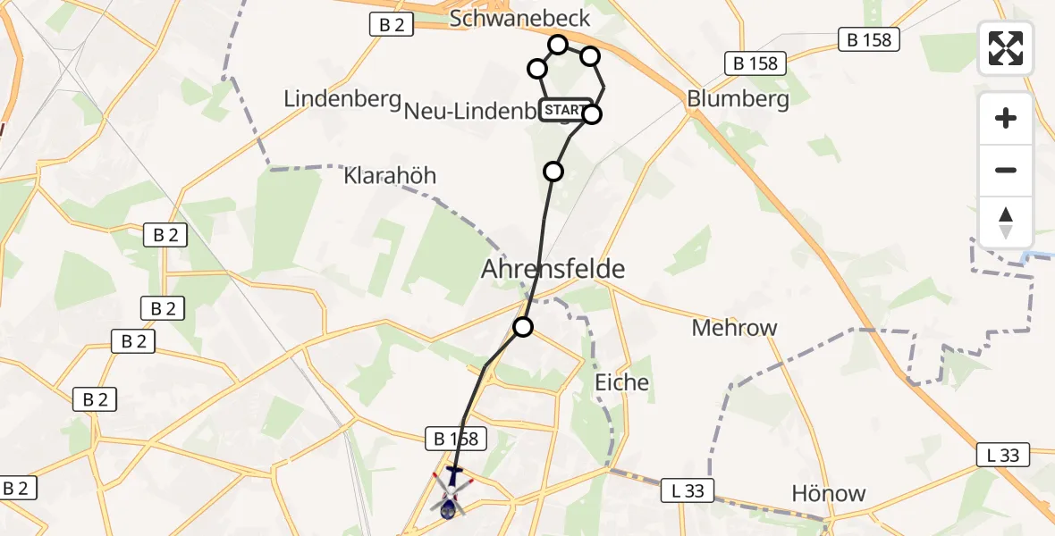 Flugroute Polizeihubschrauber Ahrensfelde Hubschrauberlandeplatz - Berlin, 23 September 2026, 02:30
