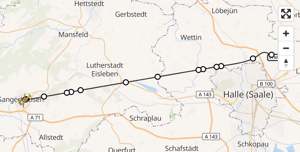Flugroute Rettungshubschrauber Halle-Oppin Flugplatz - Helios Clinic Mansfeld-Südharz, 23 September 2026, 02:43