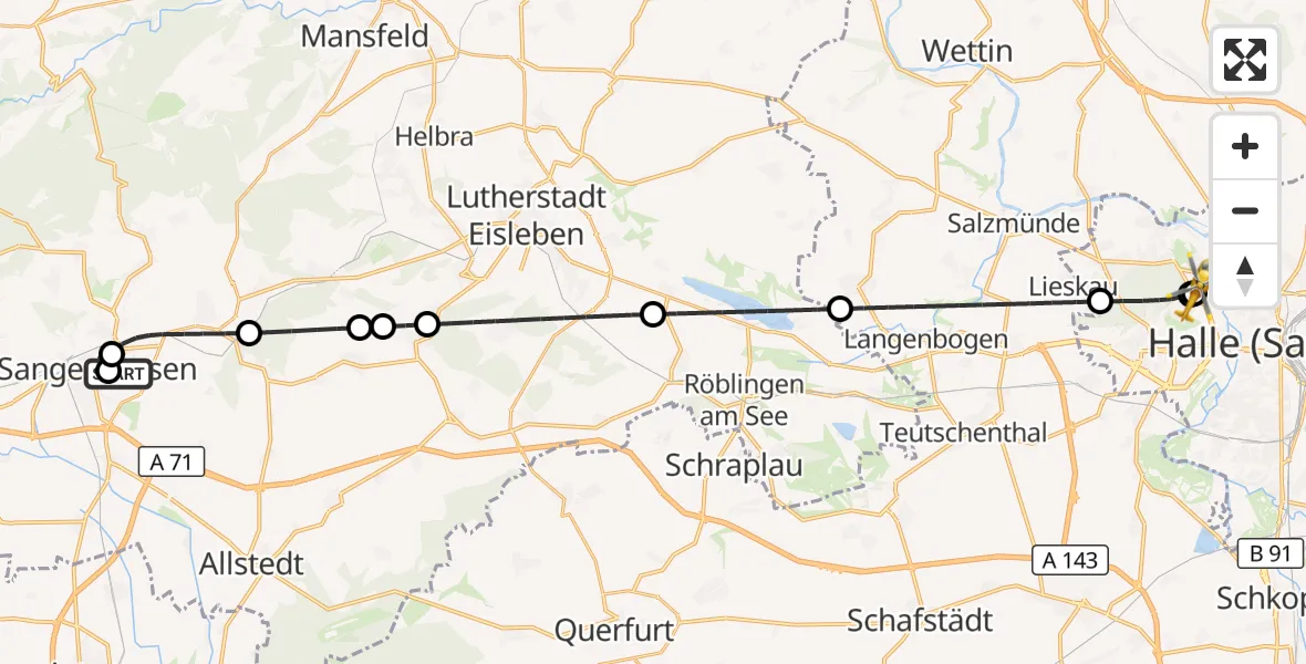 Flugroute Rettungshubschrauber Helios Clinic Mansfeld-Südharz - Halle (Saale) University Hospital, 23 September 2026, 03:20
