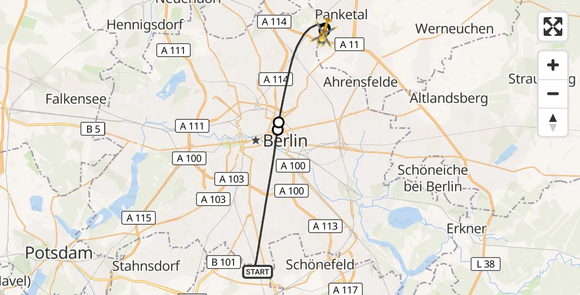 Flugroute Rettungshubschrauber Berlin - Helios Clinic Berlin-Buch, 23 September 2026, 05:32