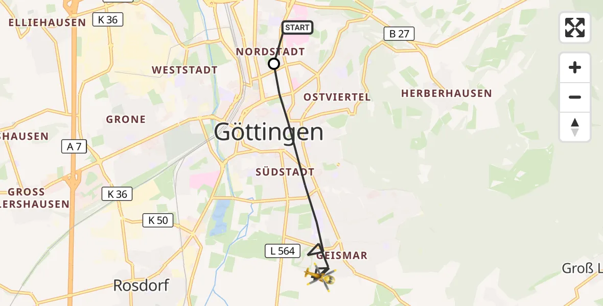 Flugroute Rettungshubschrauber Göttingen University Clinic Hubschrauberlandeplatz - Göttingen, 23 September 2026, 05:50