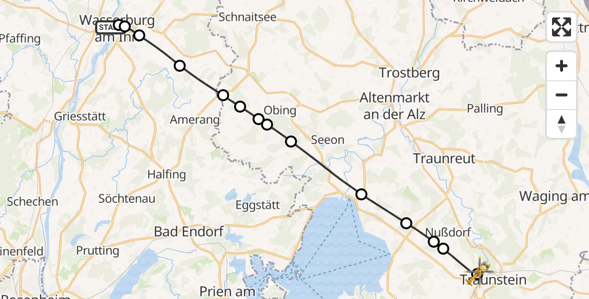 Flugroute Rettungshubschrauber Wasserburg District Hospital - Traunstein Hospital, 23 September 2026, 06:04