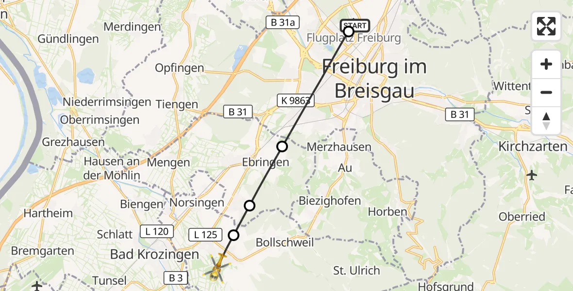 Flugroute Ambulanzhubschrauber Freiburg im Breisgau Flugplatz - Ehrenkirchen, 23 September 2026, 06:14