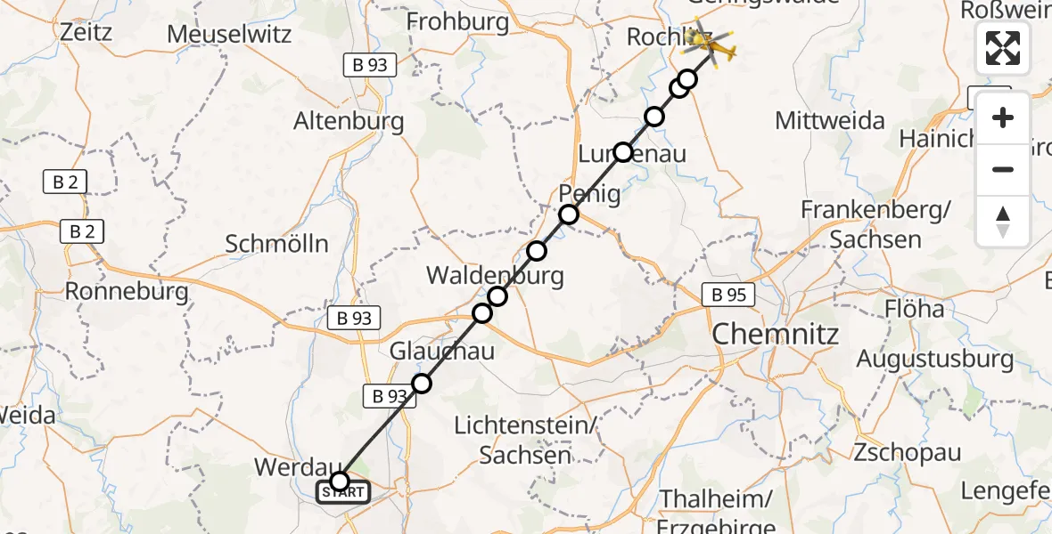 Flugroute Rettungshubschrauber ADAC Air Rescue Station Zwickau Hubschrauberlandeplatz - Seelitz, 23 September 2026, 06:22