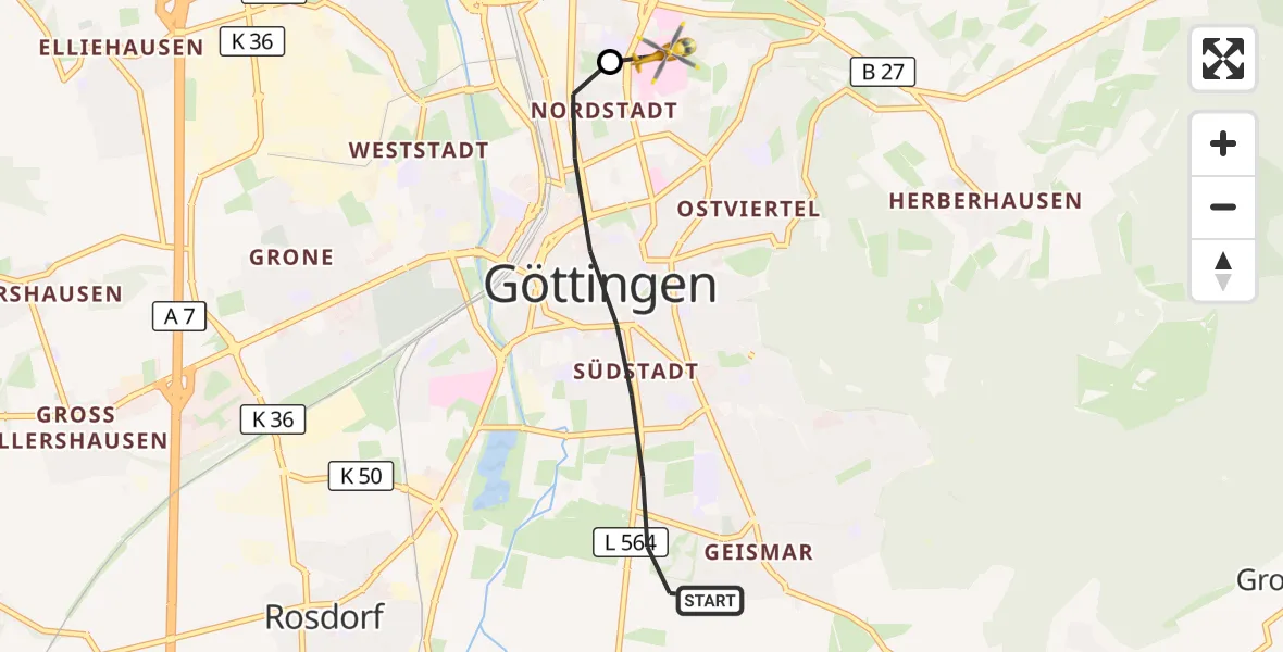 Flugroute Rettungshubschrauber Göttingen - Göttingen University Clinic Hubschrauberlandeplatz, 23 September 2026, 06:42