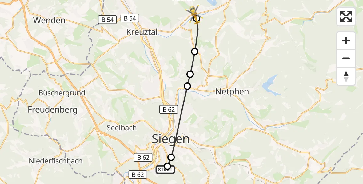 Flugroute Rettungshubschrauber Evangelisches Jung-Stilling Hospital - Hilchenbach, 23 September 2026, 06:55