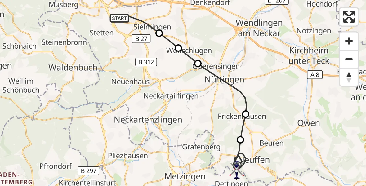 Flugroute Polizeihubschrauber Flughafen Stuttgart - Neuffen, 23 September 2026, 07:55