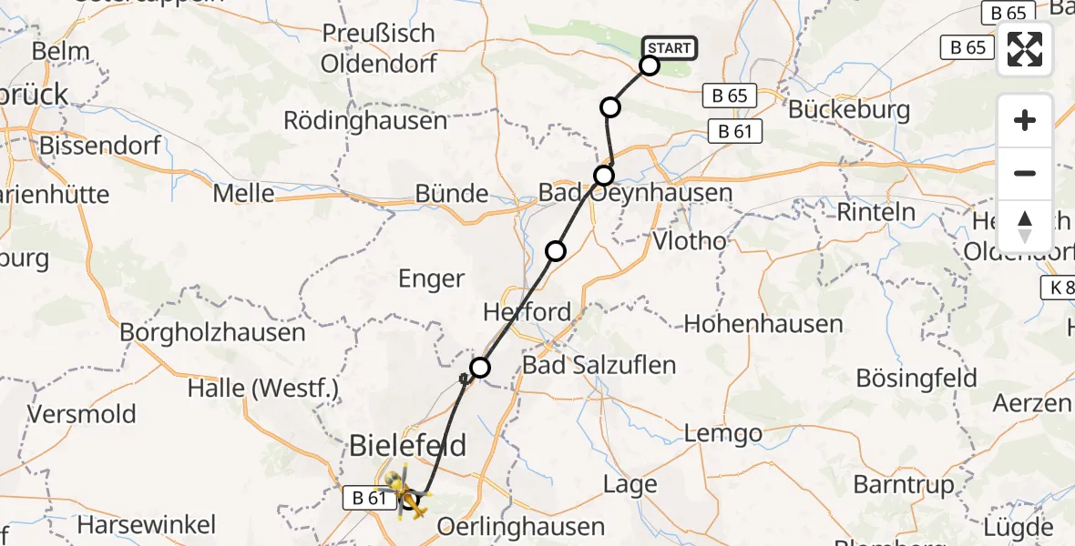 Flugroute Rettungshubschrauber Minden - Luftrettungszentrum Bielefeld, 23 September 2026, 07:59