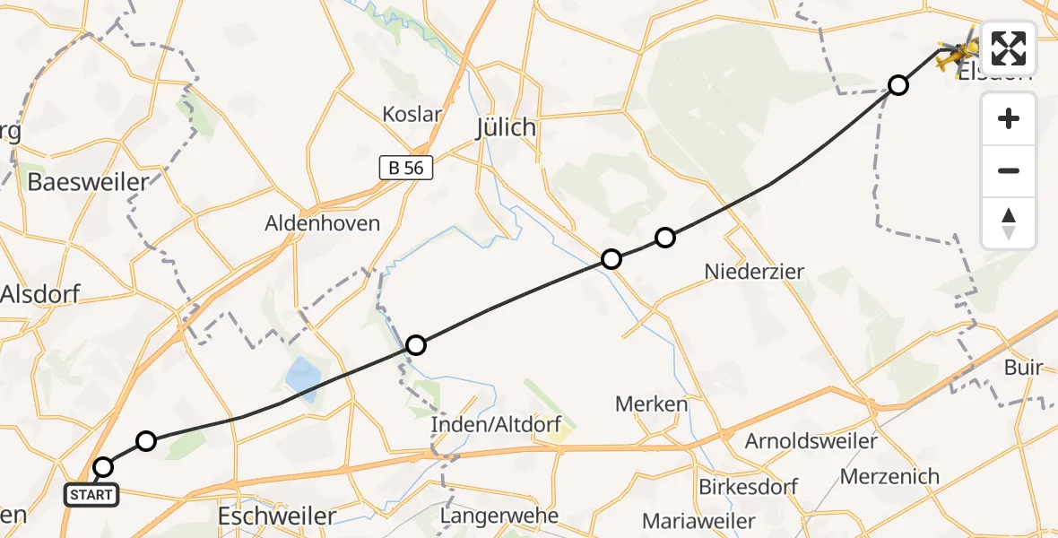 Flugroute Rettungshubschrauber Aachen-Merzbrück Flughafen - Elsdorf, 23 September 2026, 08:04