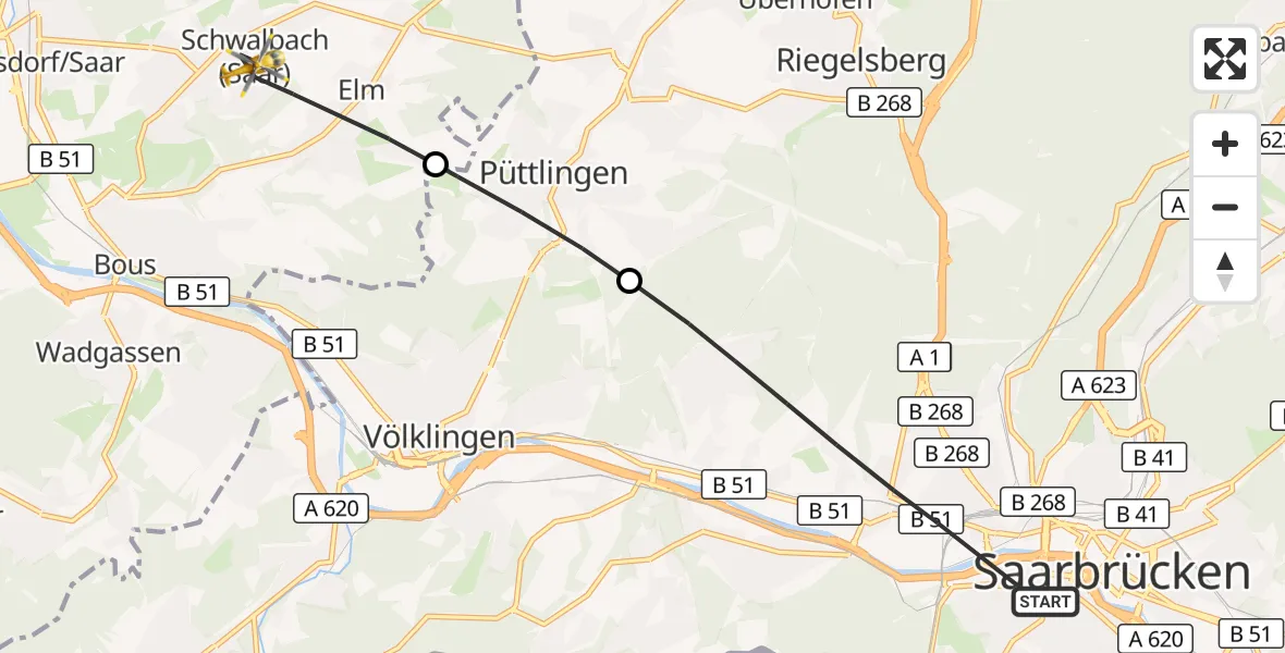 Flugroute Rettungshubschrauber Saarbrücken - Schwalbach, 23 September 2026, 08:33