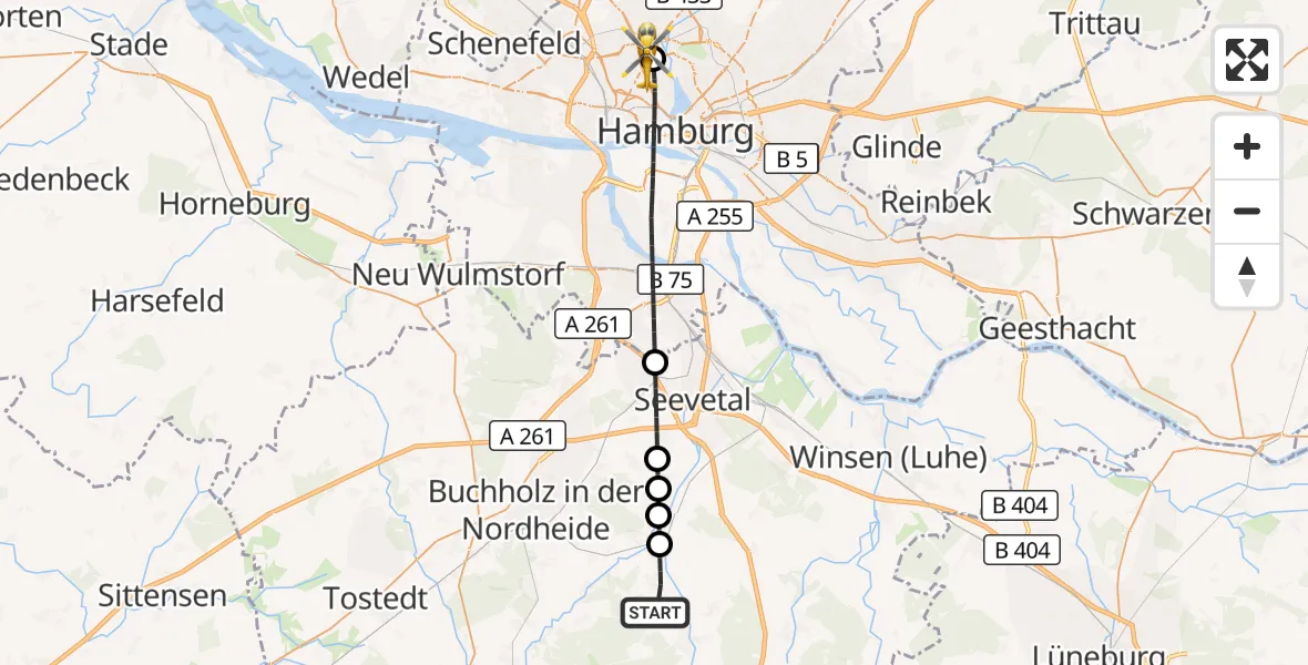 Flugroute Rettungshubschrauber Asendorf - Universitätsklinikum Hamburg-Eppendorf Hubschrauberlandeplatz, 23 September 2026, 08:37