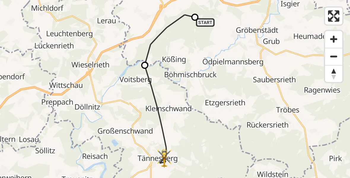 Flugroute Ambulanzhubschrauber Moosbach - Tännesberg, 23 September 2026, 08:49