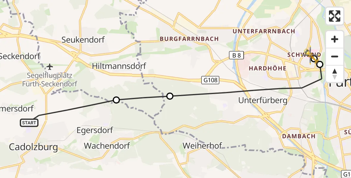 Flugroute Ambulanzhubschrauber Cadolzburg - Fürth Hospital, 23 September 2026, 08:49