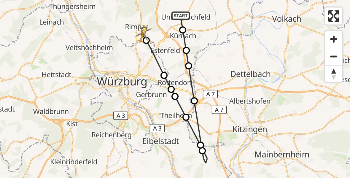 Flugroute Rettungshubschrauber Unterpleichfeld - Rimpar, 23 September 2026, 08:53