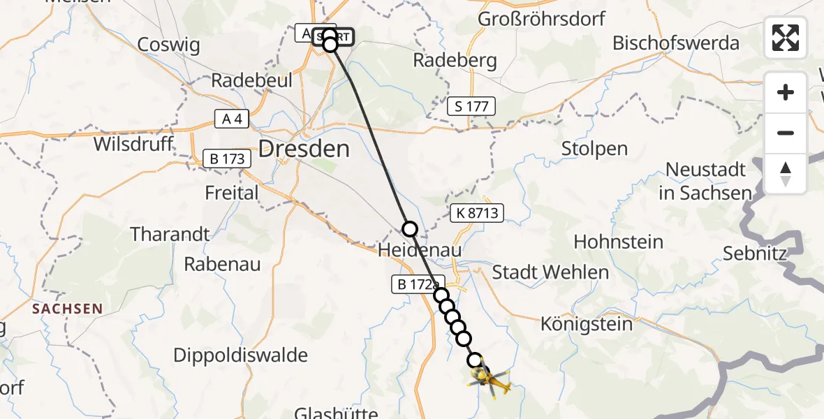 Flugroute Rettungshubschrauber Dresden Bundespolizei Hubschrauberlandeplatz - Bad Gottleuba-Berggießhübel, 23 September 2026, 08:56