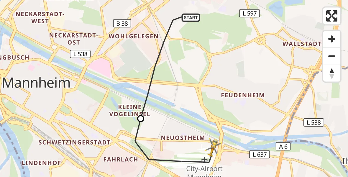 Flugroute Rettungshubschrauber Mannheim - Mannheim-City Flughafen, 23 September 2026, 09:01