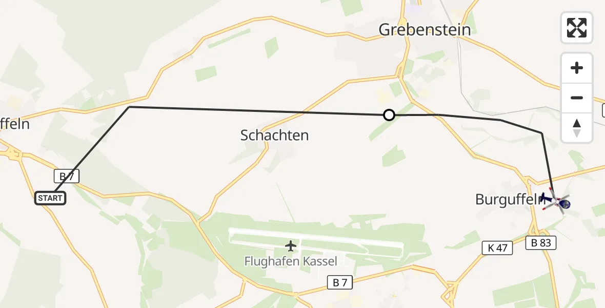 Flugroute Polizeihubschrauber Calden - Grebenstein, 23 September 2026, 09:05