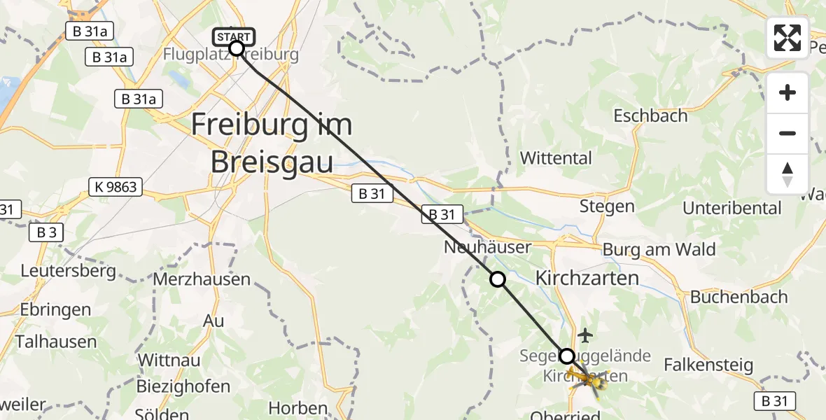 Flugroute Ambulanzhubschrauber Freiburg im Breisgau Flugplatz - Oberried, 23 September 2026, 09:09