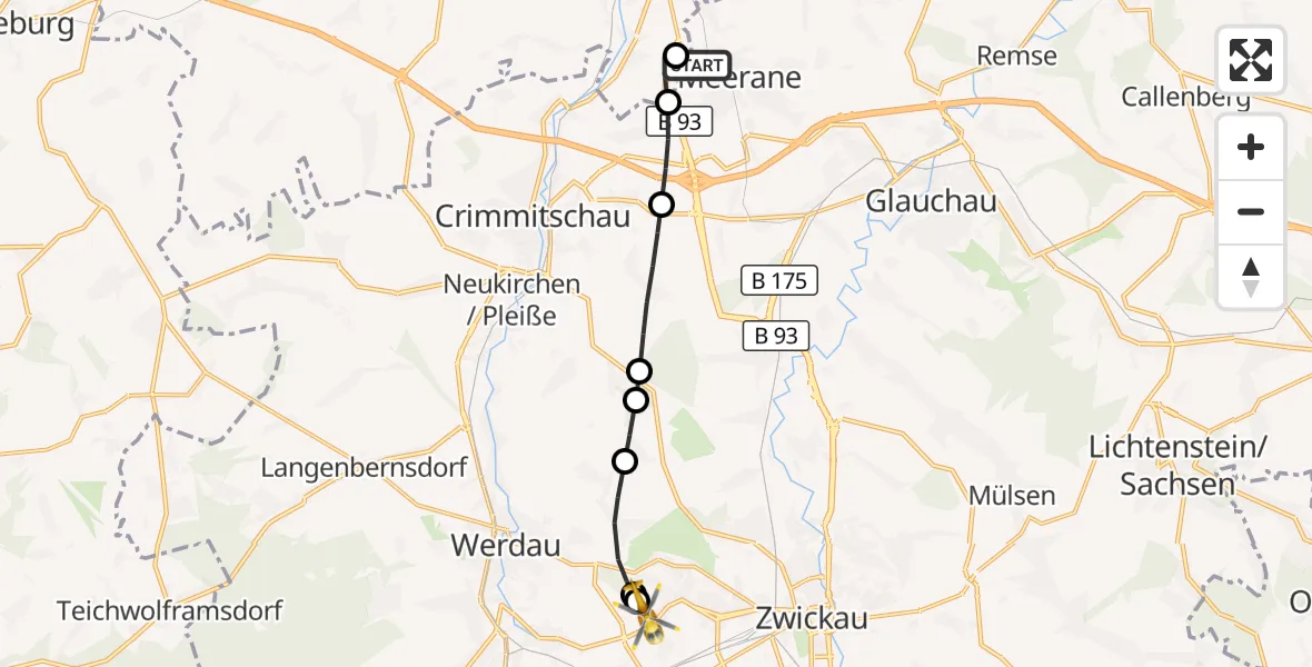 Flugroute Rettungshubschrauber Meerane - ADAC Air Rescue Station Zwickau Hubschrauberlandeplatz, 23 September 2026, 09:10