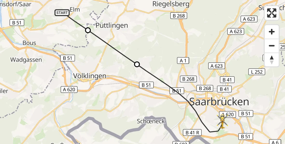 Flugroute Rettungshubschrauber Schwalbach - Saarbrücken, 23 September 2026, 09:14