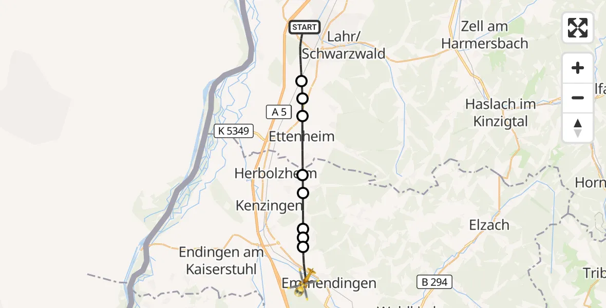 Flugroute Rettungshubschrauber Lahr/Schwarzwald - Teningen, 23 September 2026, 09:15