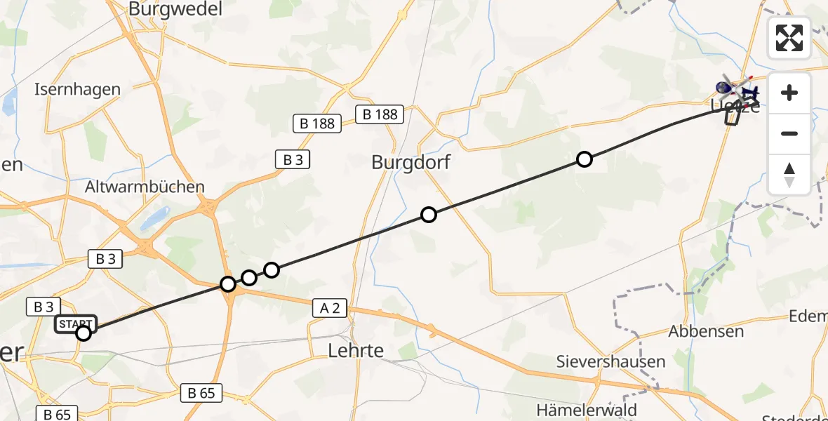 Flugroute Polizeihubschrauber Hannover Luftrettung Hubschrauberlandeplatz (Christoph 4) - Uetze, 23 September 2026, 09:16