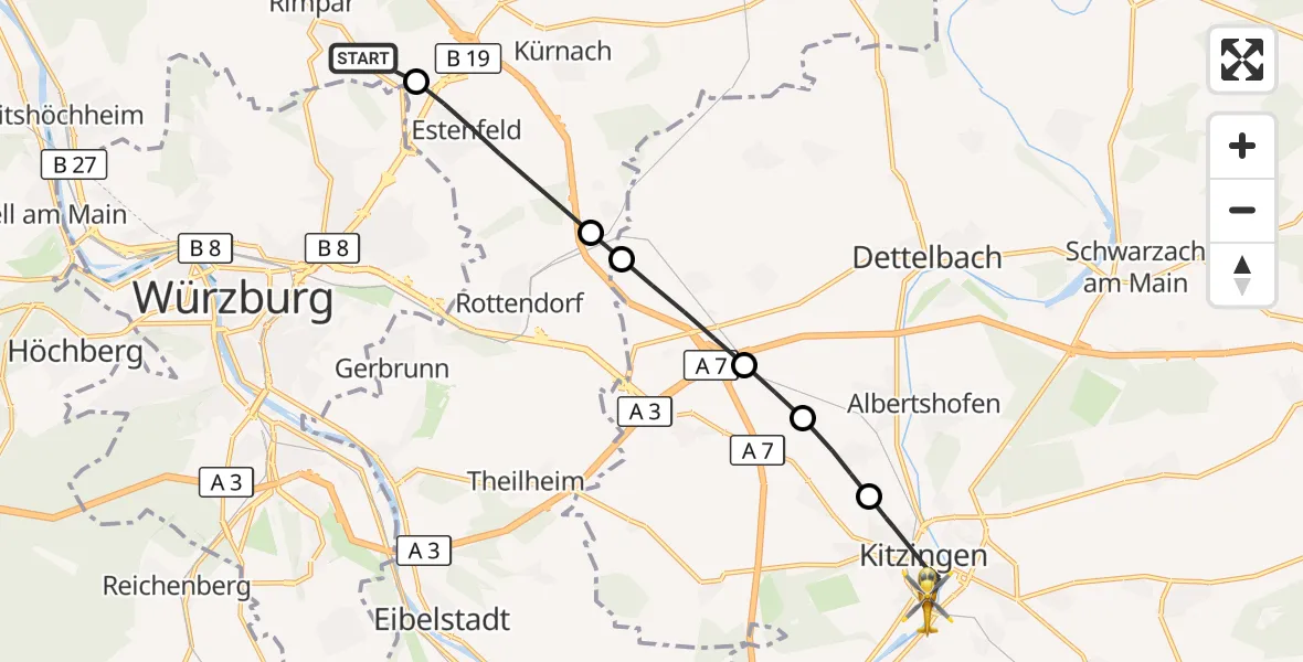 Flugroute Rettungshubschrauber Rimpar - Kitzingen, 23 September 2026, 09:21