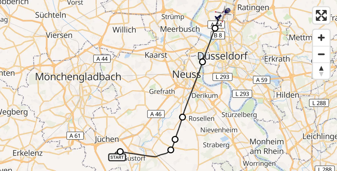Flugroute Polizeihubschrauber Jüchen - Düsseldorf Flughafen, 23 September 2026, 09:24