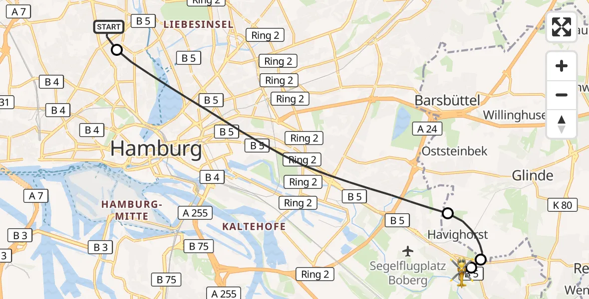 Flugroute Rettungshubschrauber Universitätsklinikum Hamburg-Eppendorf Hubschrauberlandeplatz - Christoph Hansa ADAC Hubschrauberlandeplatz, 23 September 2026, 09:24