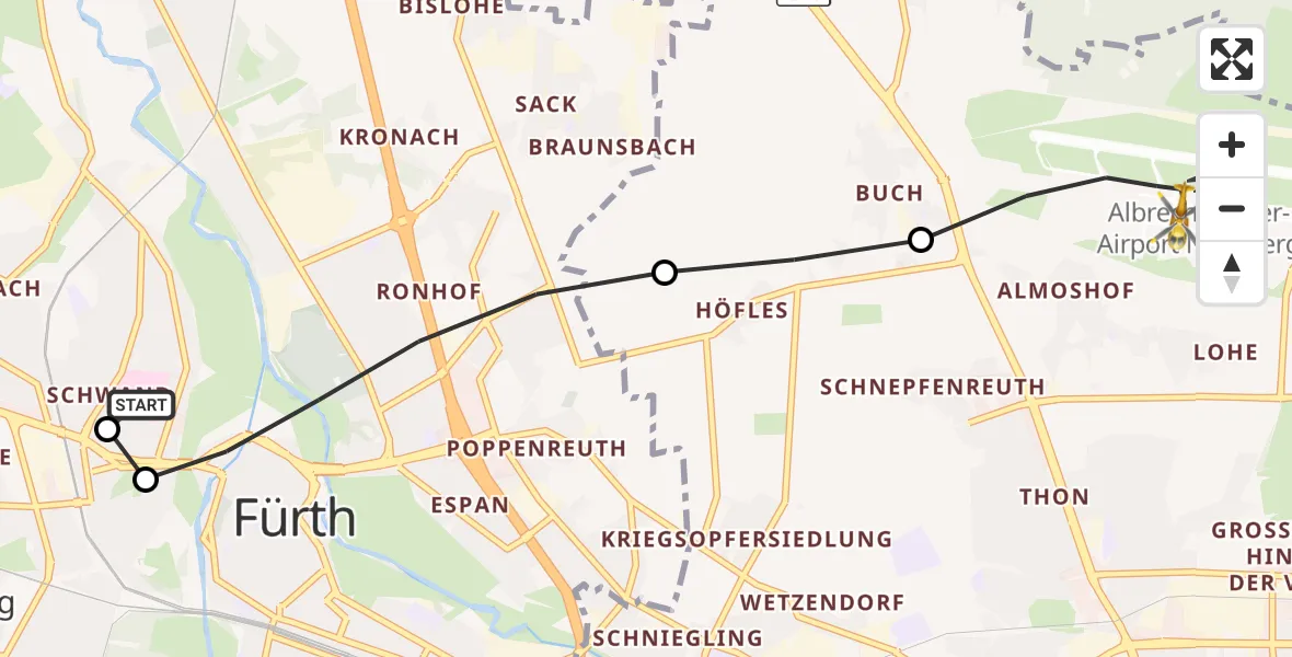 Flugroute Ambulanzhubschrauber Fürth Hospital - Flughafen Nuremberg, 23 September 2026, 09:29