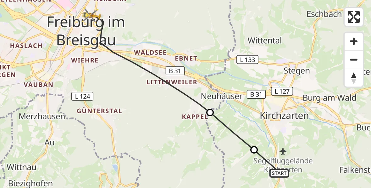 Flugroute Ambulanzhubschrauber Oberried - Freiburg im Breisgau, 23 September 2026, 09:40