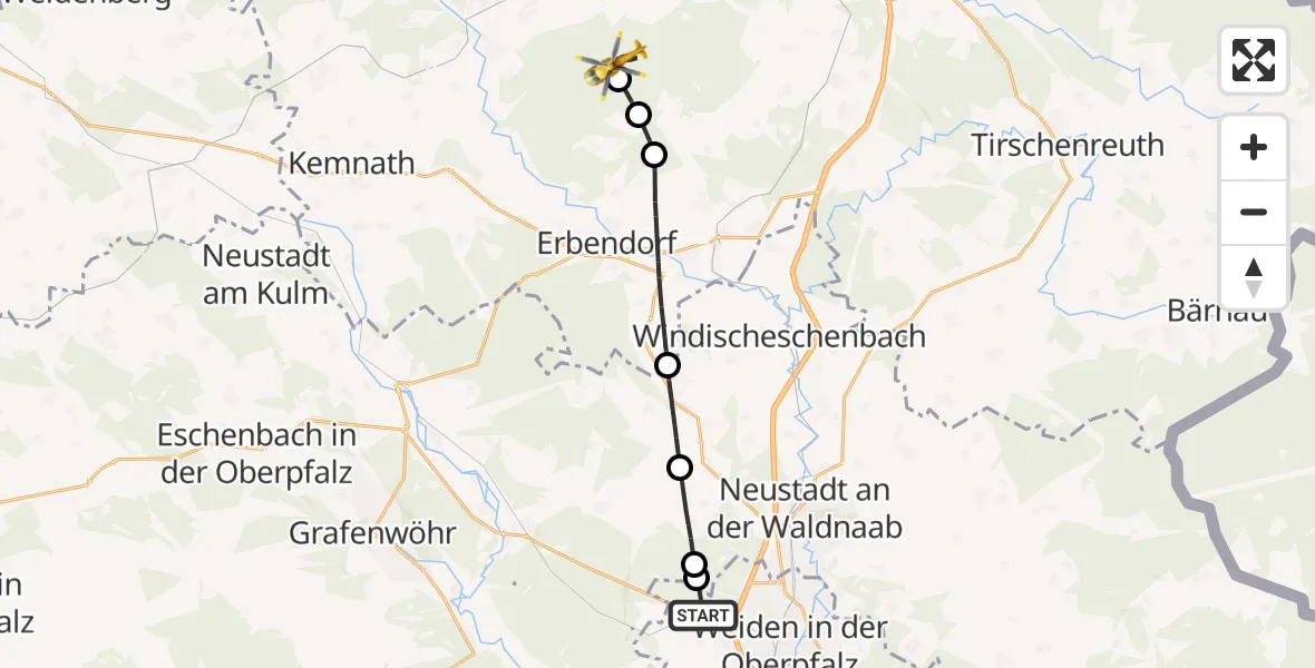 Flugroute Ambulanzhubschrauber Weiden i.d.OPf. - Waldershof, 23 September 2026, 09:50
