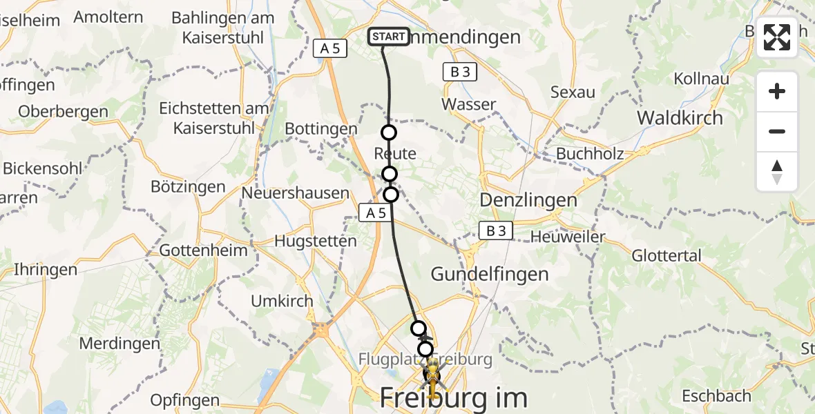 Flugroute Rettungshubschrauber Teningen - Freiburg University Hospital Heliport 1, 23 September 2026, 09:55