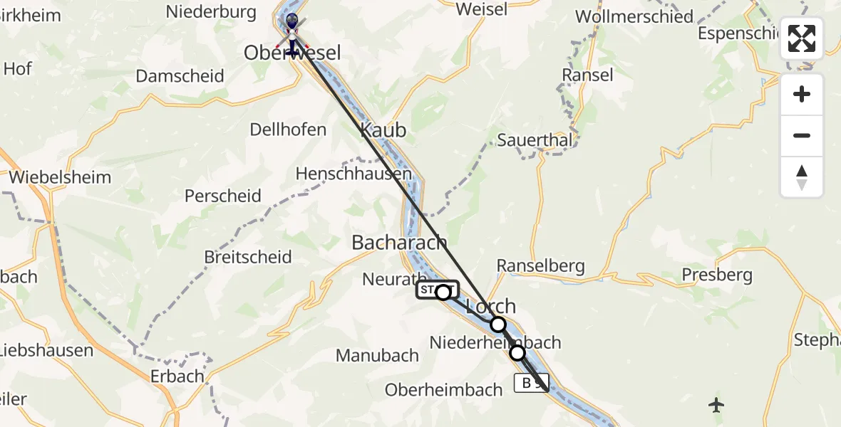 Flugroute Polizeihubschrauber Bacharach - Kaub, 23 September 2026, 09:57