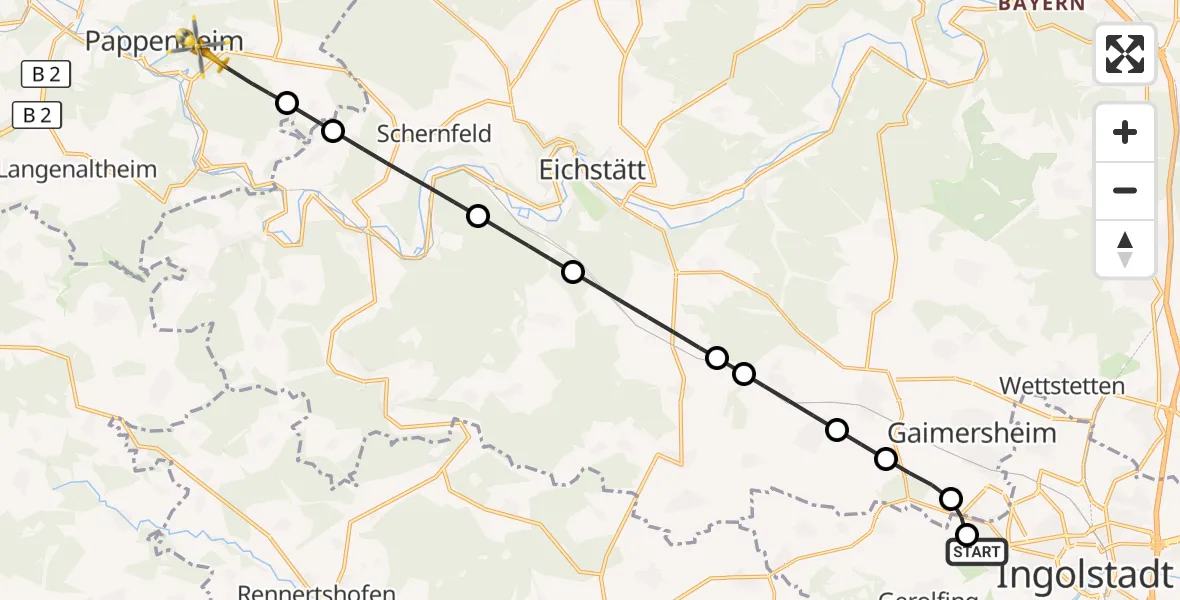 Flugroute Rettungshubschrauber Ingolstadt Hospital - Pappenheim, 23 September 2026, 09:57