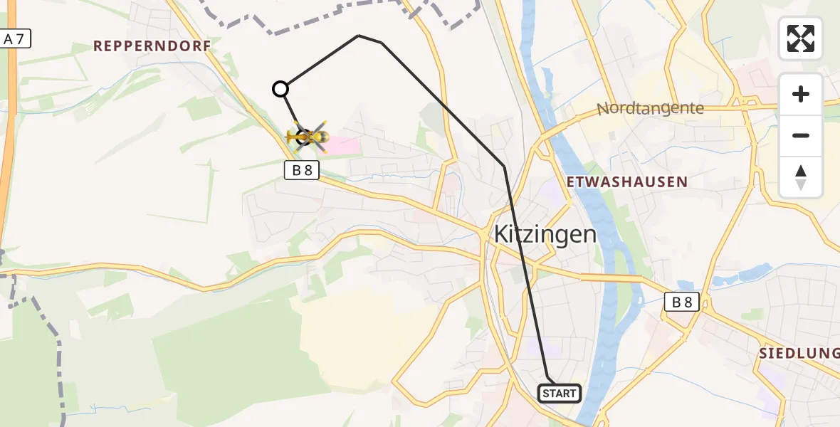 Flugroute Rettungshubschrauber Kitzingen - Kitzingen Hospital, 23 September 2026, 09:59