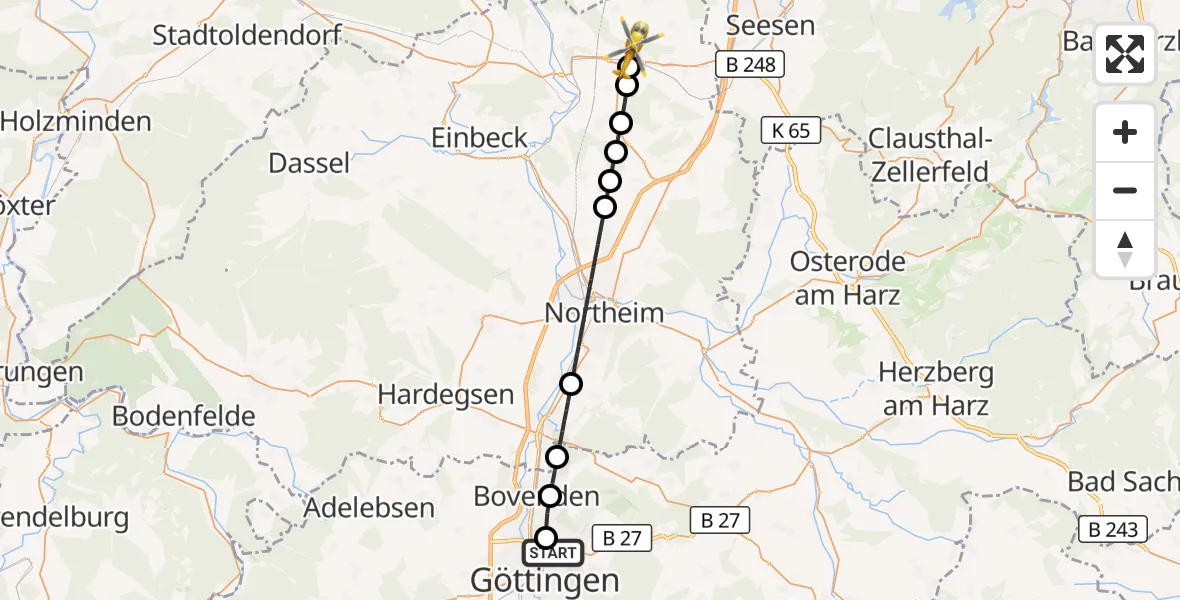 Flugroute Rettungshubschrauber Göttingen University Clinic Hubschrauberlandeplatz - Bad Gandersheim, 23 September 2026, 10:00