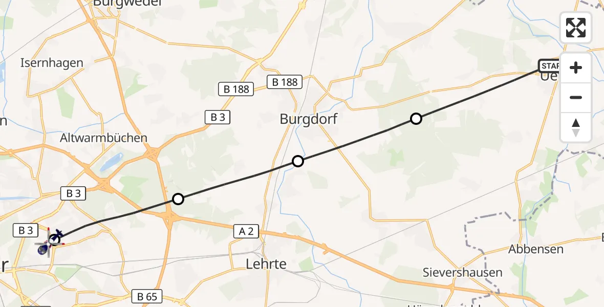 Flugroute Polizeihubschrauber Uetze - Hannover Luftrettung Hubschrauberlandeplatz (Christoph 4), 23 September 2026, 10:01