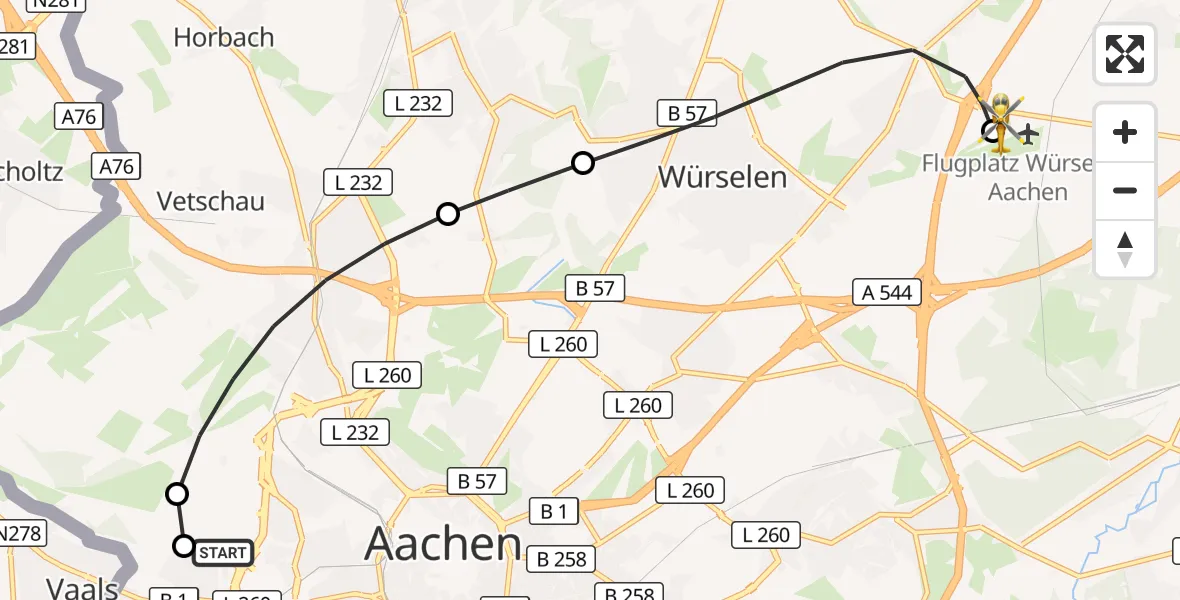 Flugroute Rettungshubschrauber Aachen Hospital - Aachen-Merzbrück Flughafen, 23 September 2026, 10:12