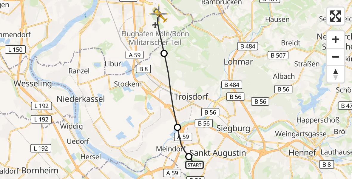 Flugroute Ambulanzhubschrauber Bonn-Hangelar Flugplatz - Köln Bonn Flughafen, 23 September 2026, 10:17