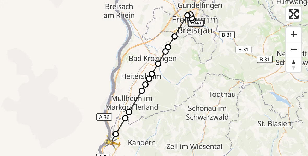 Flugroute Ambulanzhubschrauber Freiburg im Breisgau - Bad Bellingen, 23 September 2026, 10:20