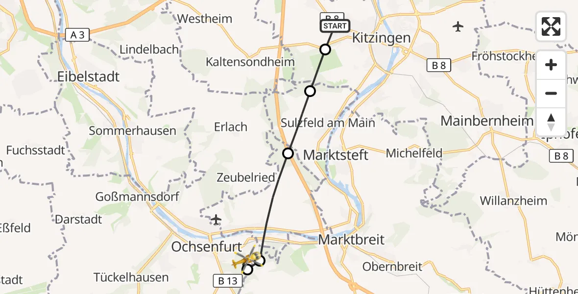 Flugroute Rettungshubschrauber Kitzingen Hospital - Ochsenfurt Hospital, 23 September 2026, 10:22