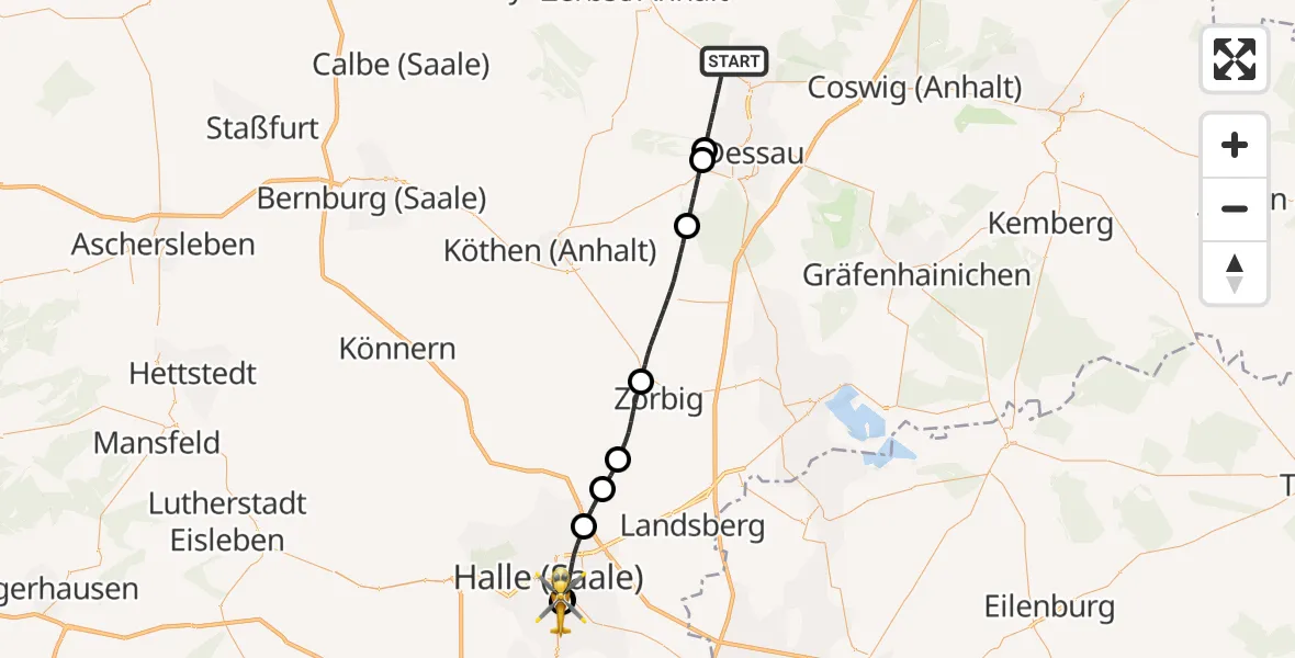 Flugroute Rettungshubschrauber Dessau-Roßlau - BG Hospital Bergmannstrost Halle, 23 September 2026, 10:26