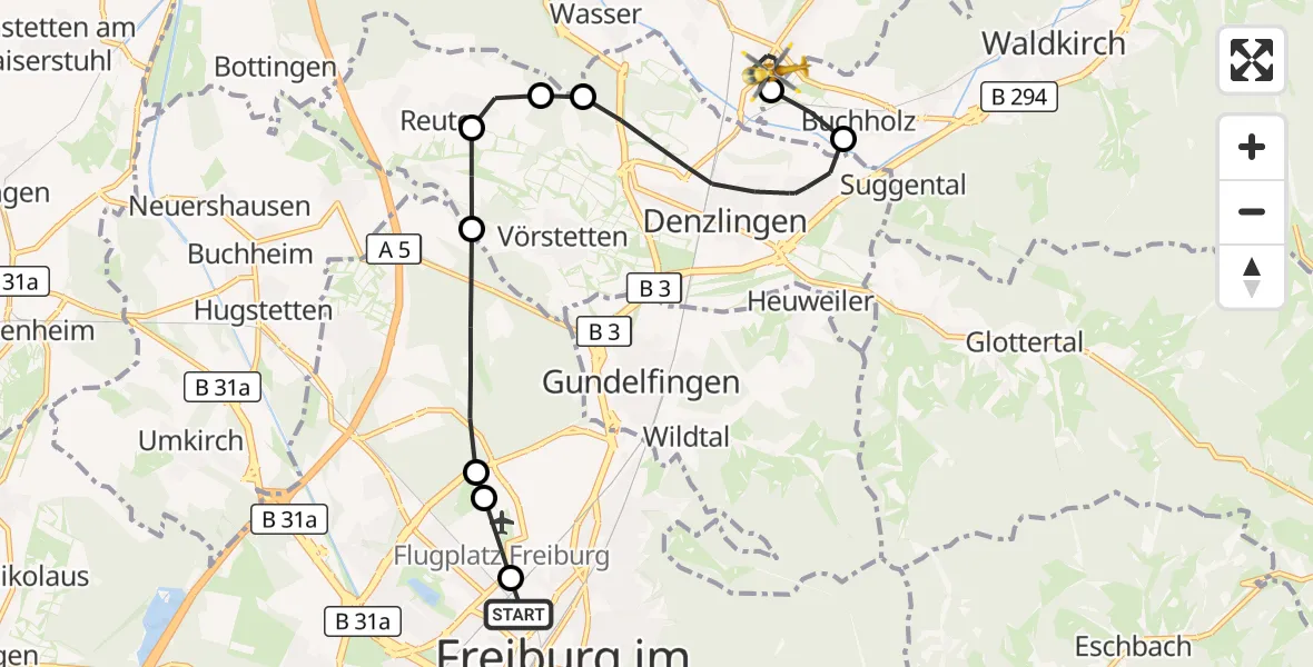 Flugroute Rettungshubschrauber Freiburg University Hospital Heliport 1 - Sexau, 23 September 2026, 10:31